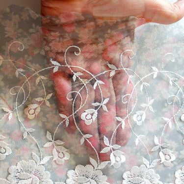 Grey And Pink Soft Net Lace Trim with White Embroidered Flowers 7 inches wide